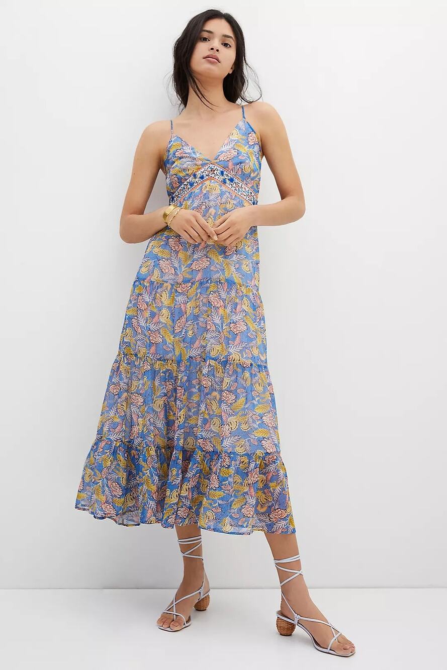 NEW Anthro Verb Vineyard Tiered Maxi V Neck Sequin Fringe Detail Dress Size 14